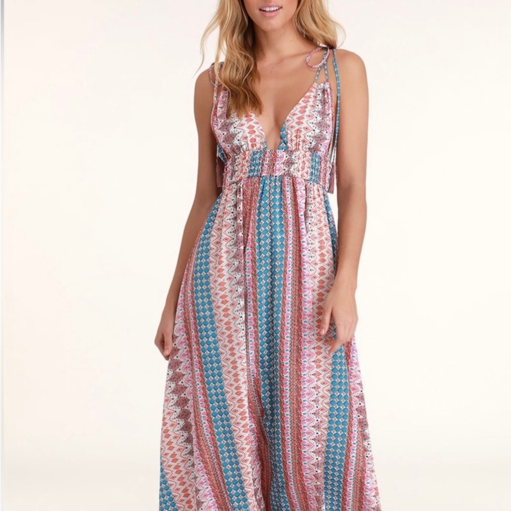 SOLD Lulus Maxin' Relaxin' Multi Print Boho Tassel Tie Maxi size Medium